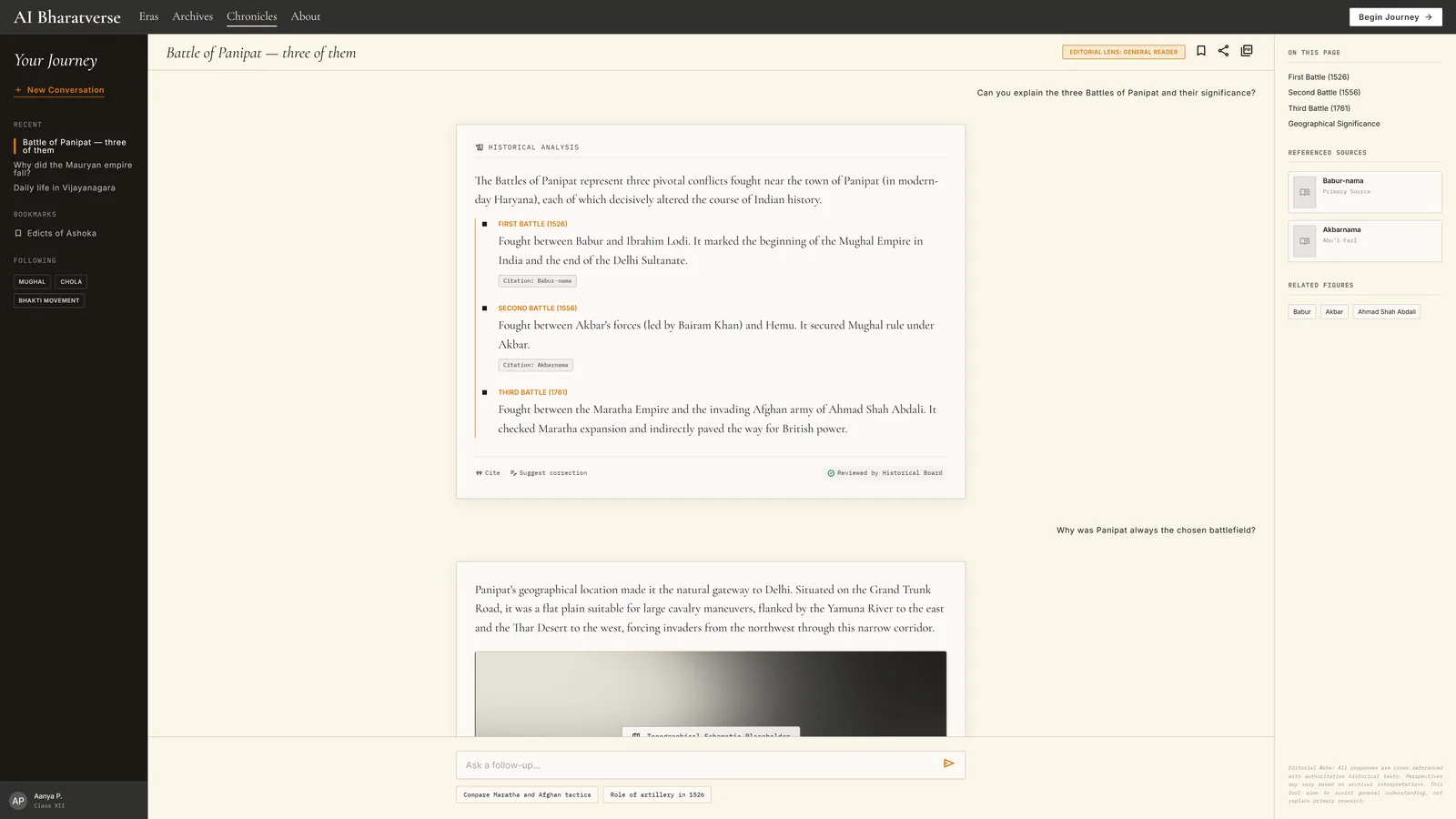 AI Bharatverse — Conversational Exploration — Battle of Panipat thread with AI responses framed as scholarly cards, citation ch