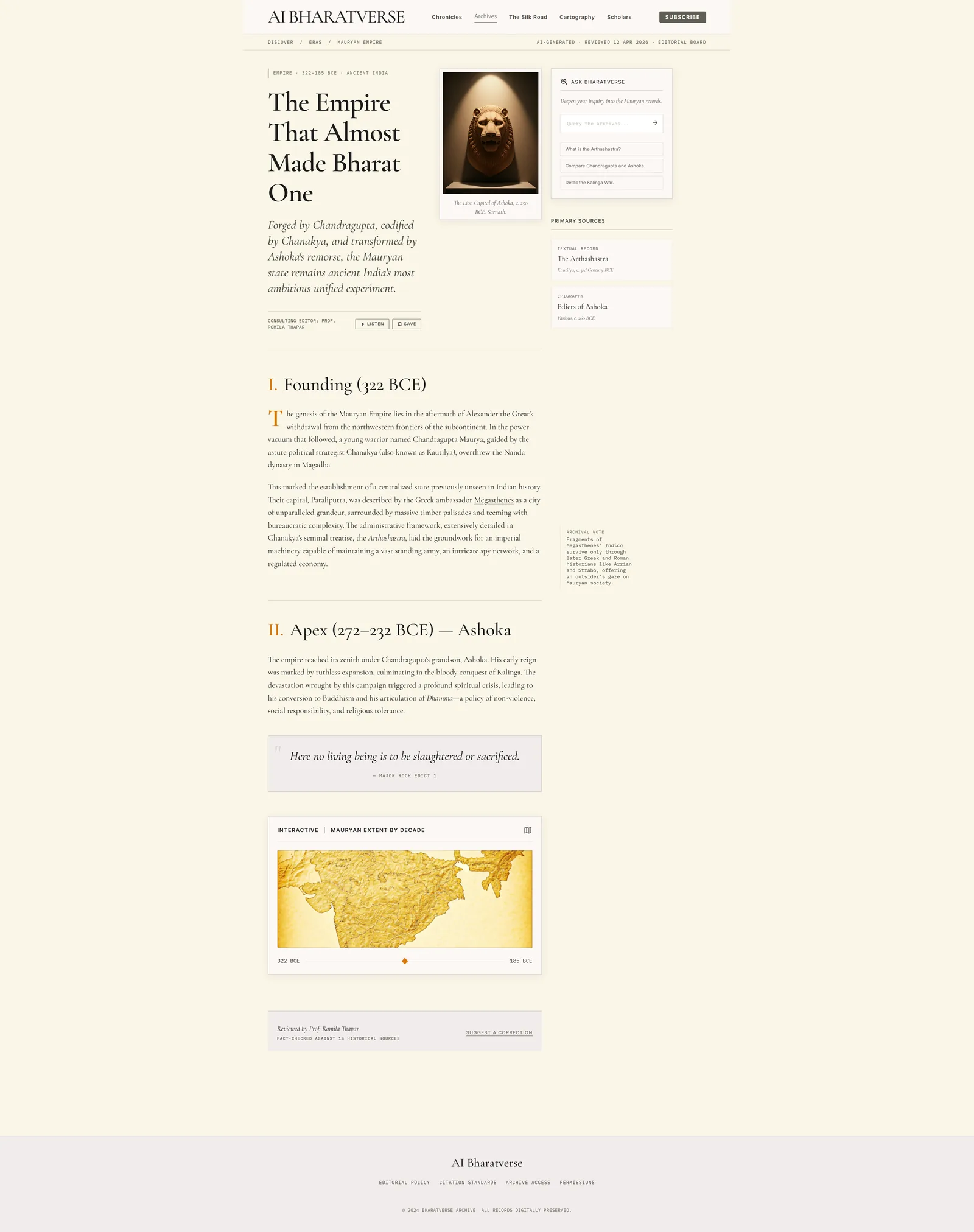 AI Bharatverse — Mauryan Empire deep dive — long-form article generated by AI, reviewed by Prof. Romila Thapar, with floating "