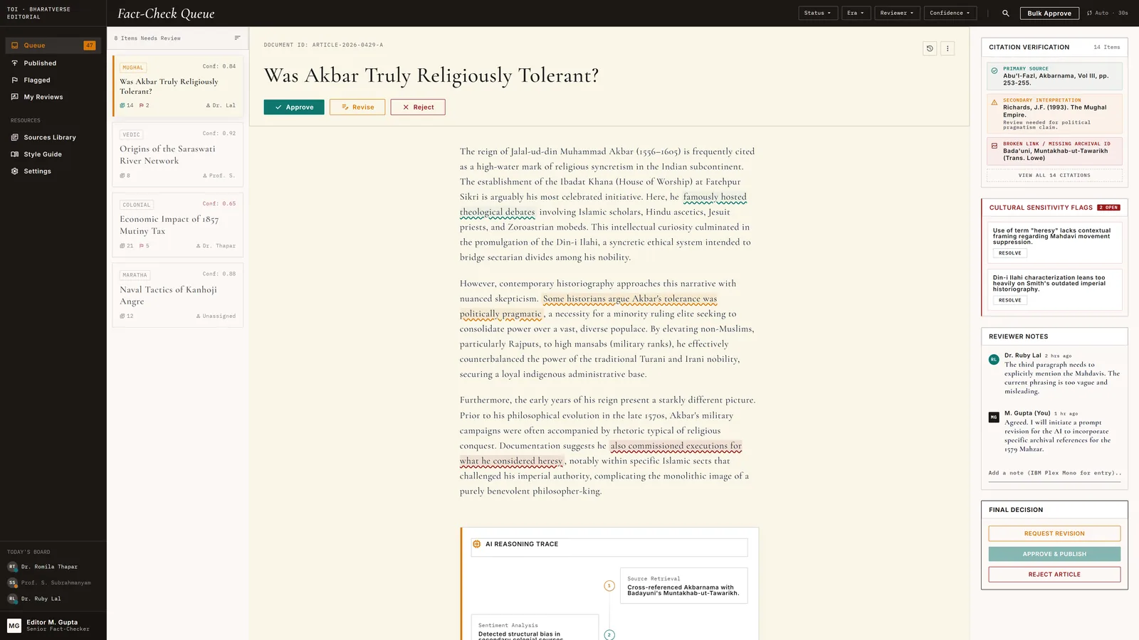 AI Bharatverse — Editorial Fact-Check Console — internal tool with semantic underlines (verified / low-confidence / flagged), c