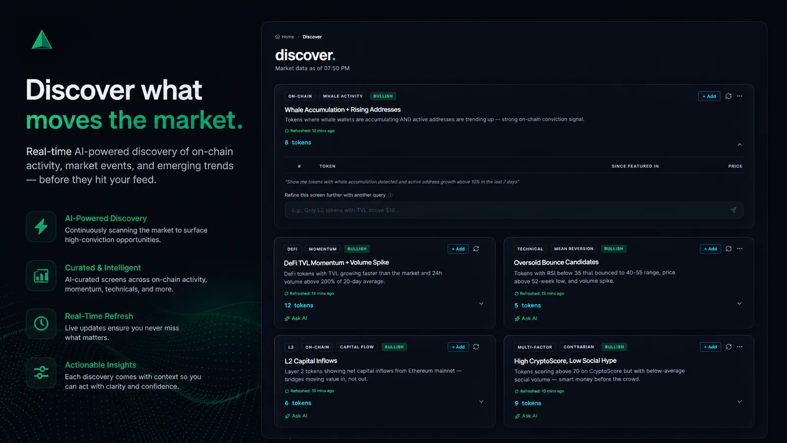 CryptoPrism On-chain Analytics — Discover — AI-powered surfacing of on-chain activity (whale accumulation, DeFi TVL anomalies, L2 capital inflo