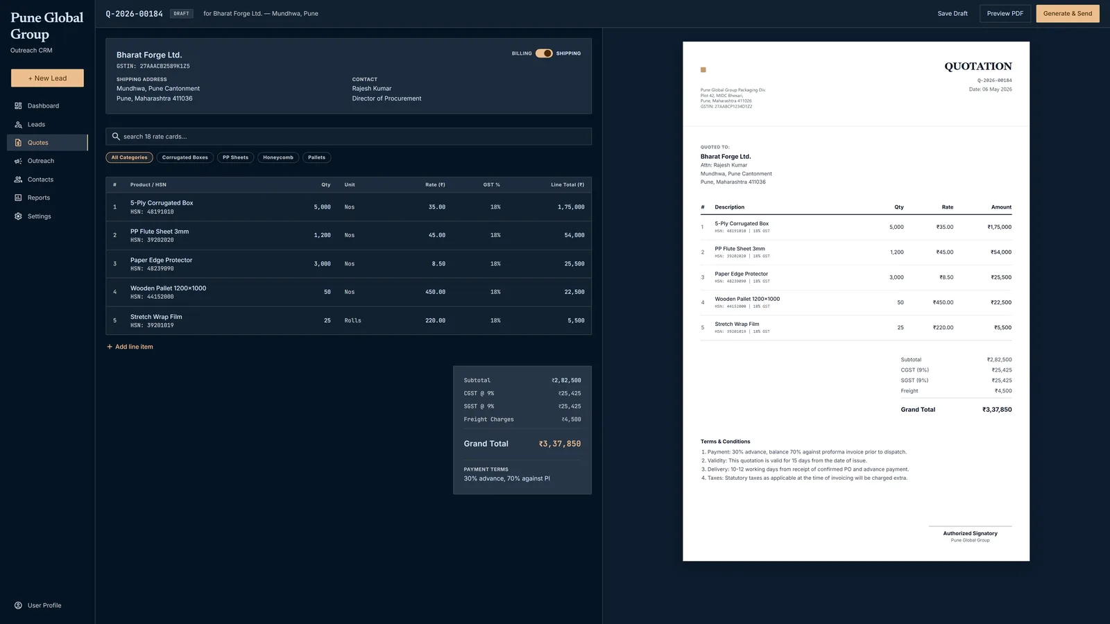 PGG CRM — Quote Builder with live A4 PDF preview — 18 rate cards, dynamic line items with HSN codes, Puppeteer-rendered