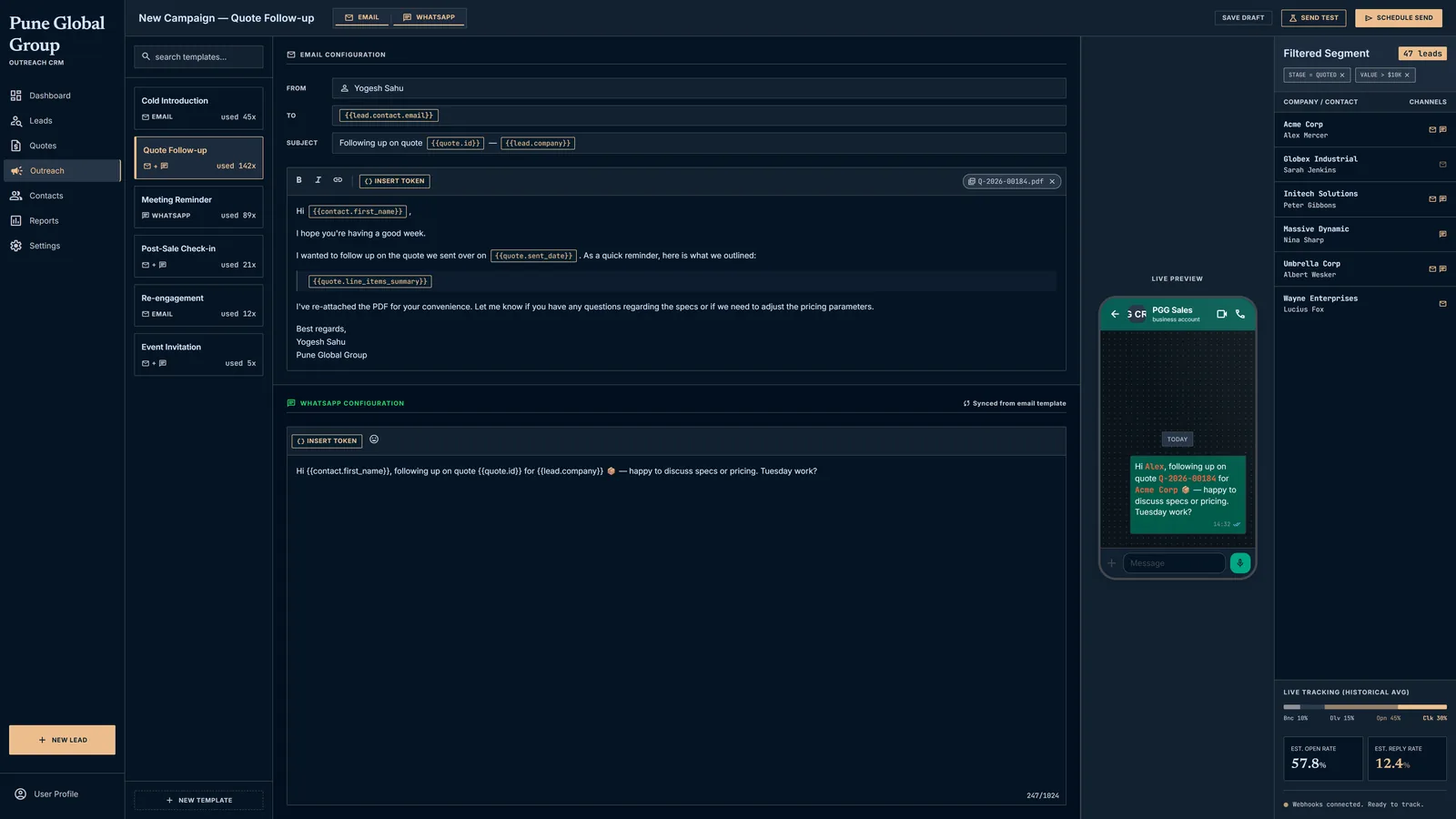 PGG CRM — Outreach Composer — dual editor for Email (Resend) and WhatsApp (Baileys), filtered segment of 47 leads, live