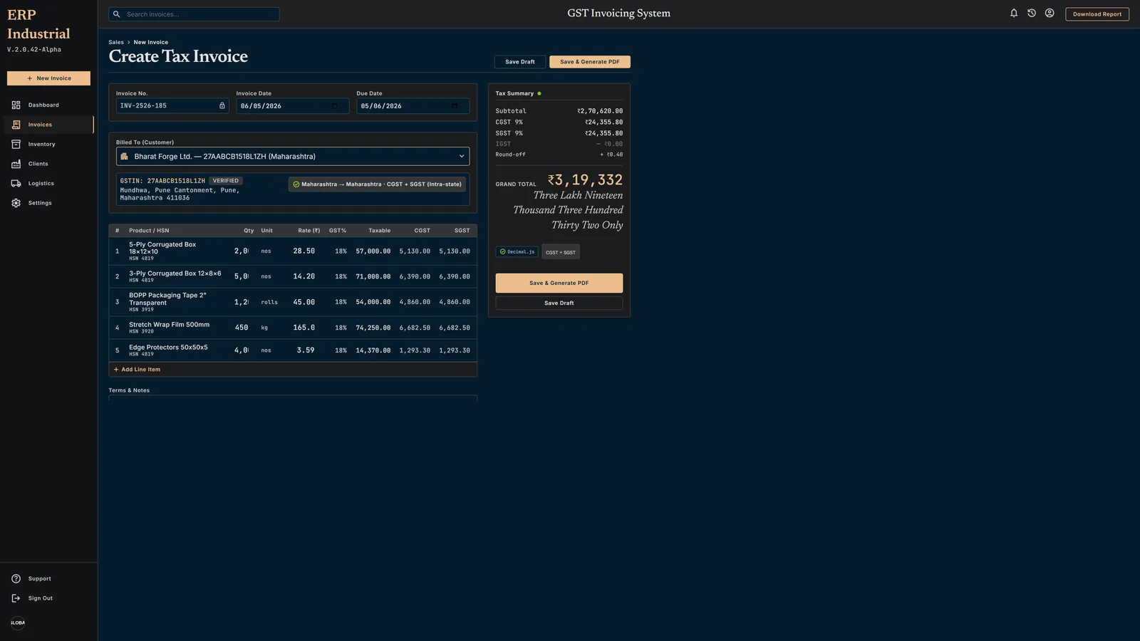 PGG ERP — Create Tax Invoice form — auto-numbered INV-2526-185, customer typeahead, line items with live CGST/SGST split