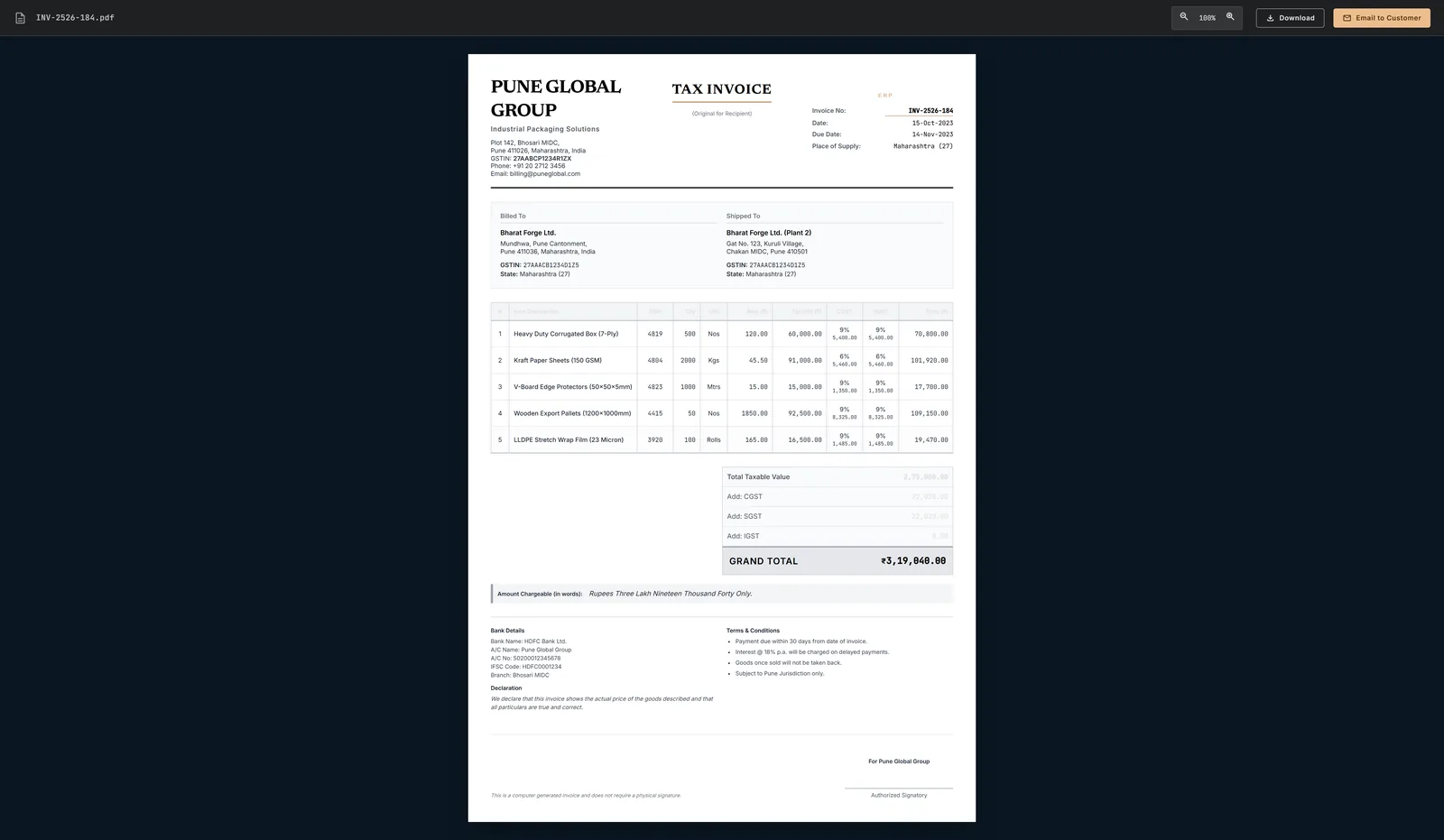 PGG ERP — A4 Tax Invoice PDF preview — Indian GST-compliant 14-column line item table, totals breakdown, amount in words