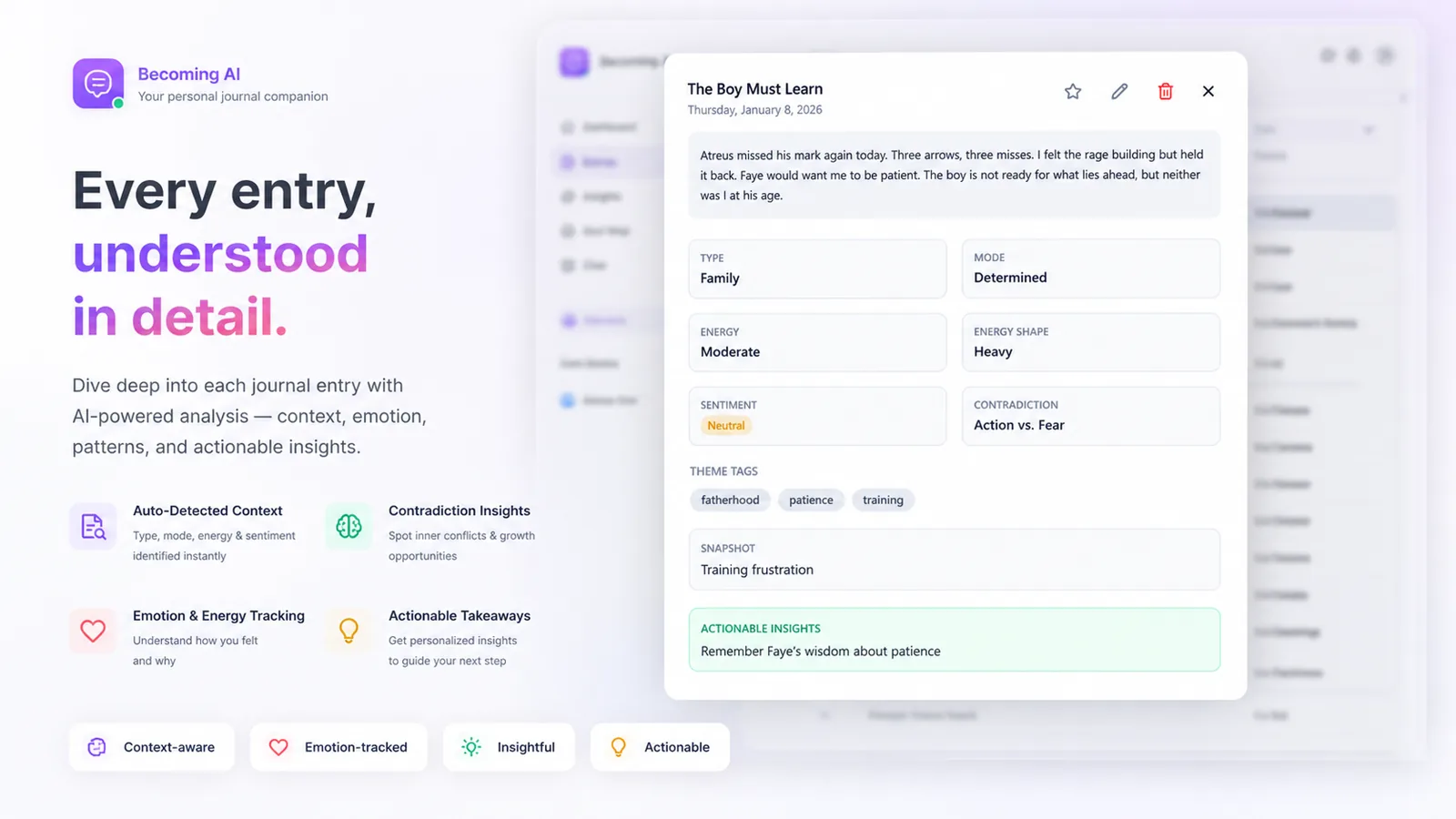 Pratyaksha — Detailed log — granular timeline of journal entries with sentiment markers and AI-derived themes.
